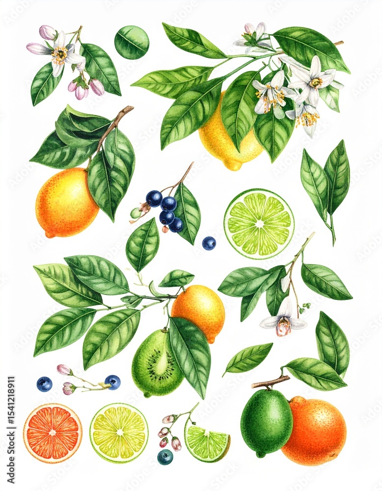 Obraz premium Vibrant Citrus Fruits and Leaves Illustration