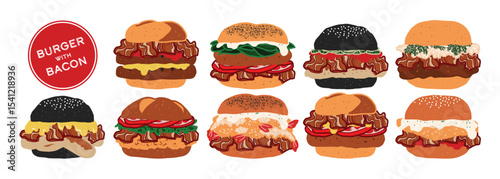 Set of isolated burger with bacon. Cute hand drawn food, burger, in minimal plain colors style on a transparent background. Bread buns with various patty, beef, pork, chicken, fish, and sausage.