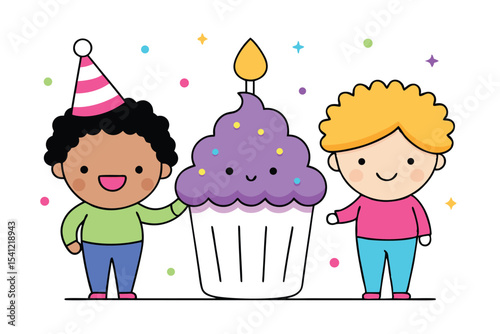 Cartoon Birthday Celebration Children, Cupcake, Confetti, and Party Hat Illustration For Birthday Celebration
