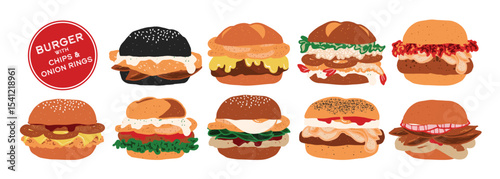 Set of isolated burger with chips and onion rings. Cute hand drawn food, burger, in minimal plain colors style on a transparent background. Bread buns with various patty.