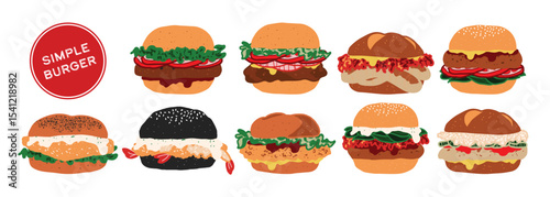 Set of isolated simple burgers. Cute hand drawn food, burger, in minimal plain colors style on a transparent background. Bread buns with various patty, beef, pork, chicken, fish, and sausage.