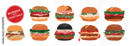 Set of isolated burger with vegetables. Cute hand drawn food, burger, in minimal plain colors style on a transparent background. Bread buns with various patty.