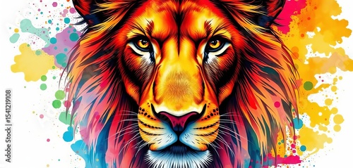 Vibrant watercolor lion face, bold colors, splatter effect,  big cat,  background