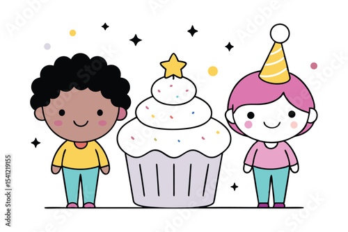 Cartoon Birthday with Cute Characters, Party Hat, Cupcake and Stars Illustration