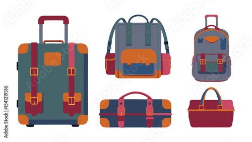 Illustration showing a collection of travel bags including suitcases and backpacks in different styles