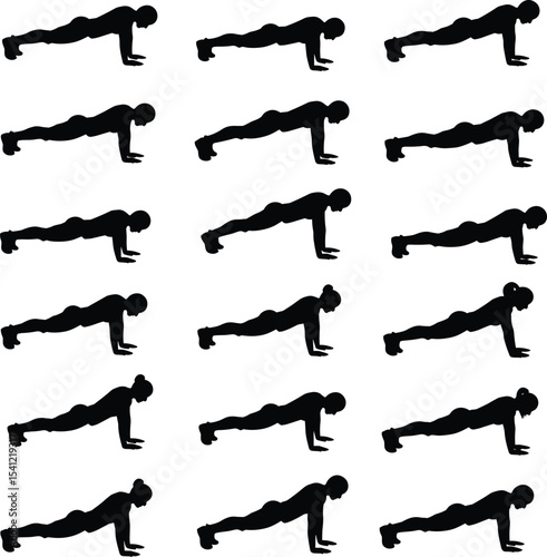 Silhouette push-up exercise collection, black vector fitness workout illustrations, men and women body training poses, gym strength routine, home workout icon set for health design