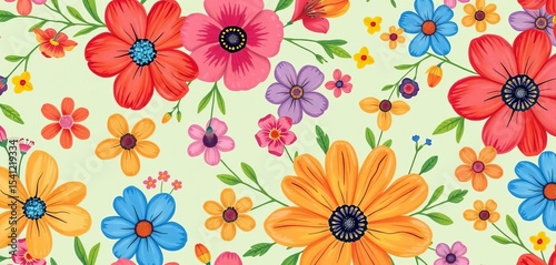 Vibrant spring floral seamless pattern background with colorful hand-drawn flowers , banner, summer
