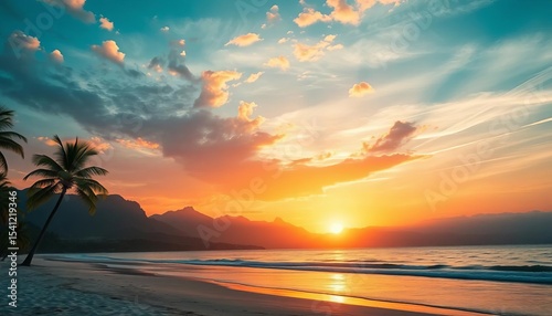Vibrant sunset over tranquil beach, palm trees silhouetted against majestic mountains and calm ocean,   sunset sky,  summer