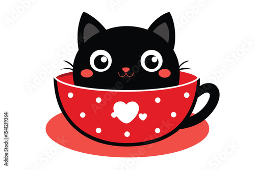 Cartoon Black Cat in a Red Polka Dot Teacup With Heart Decoration