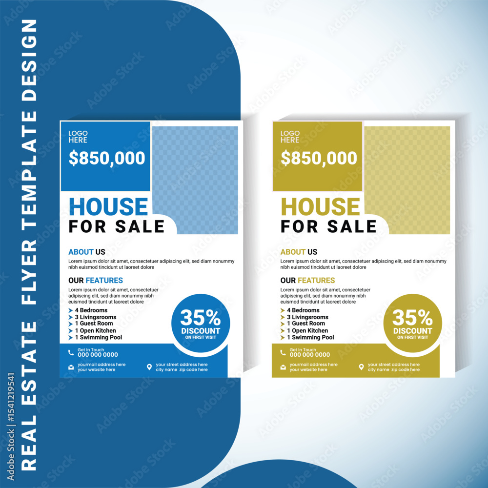 Obraz premium Real Estate Flyer Template for House Sale – Editable Vector Design with Modern Layout