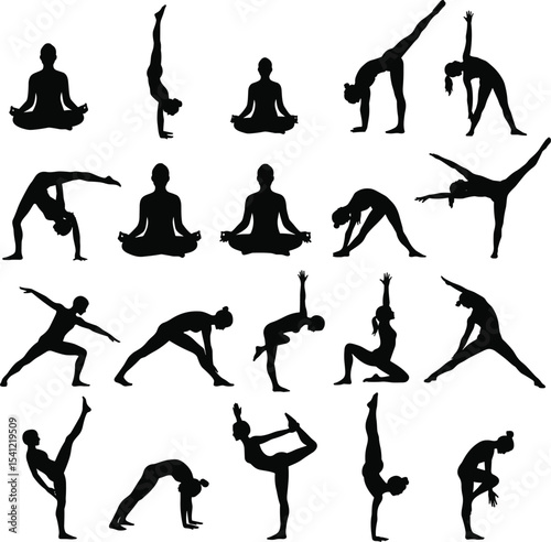 Silhouette yoga poses collection, black vector meditation and stretching figure set, female fitness positions, workout exercise illustrations for wellness, flexibility, mindfulness, 