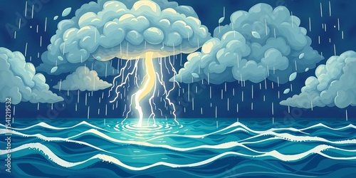 Whimsical cartoon storm clouds unleashing rain and lightning over a playful, textured ocean,  fantasy,  electricity