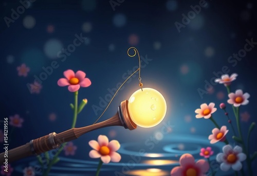 Whimsical cartoon fishing rod, floral details, glowing orb tip ,  happy, fishing rod