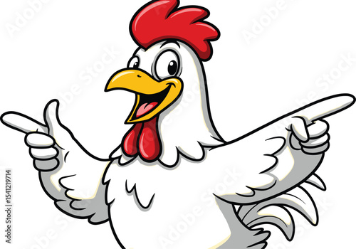 Funny cartoon chicken mascot pointing with wings, happy farm rooster character illustration, smiling poultry animal logo, vector chicken design for food, farm, restaurant, or branding