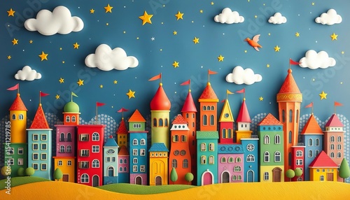 Whimsical fantasy city skyline, colorful buildings, playful clouds, stars,  perfect for nursery wall, fantasy, castle