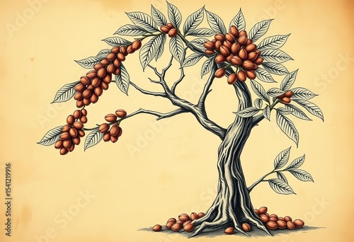 Vintage engraved style coffee tree banner with hand-drawn details on aged background, hand drawn, branch