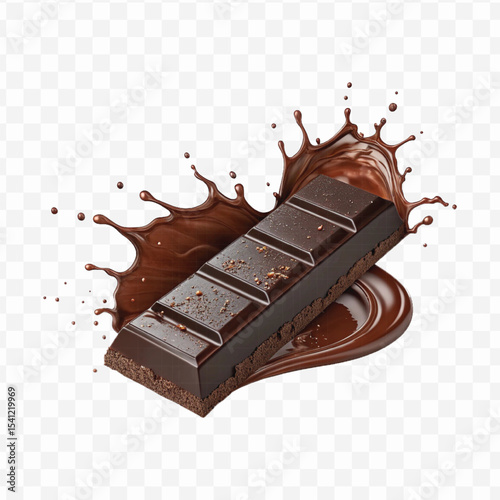 realistic 3d smooth liquid chocolate splash with chocolate bar in different style isolated on transparent background	
