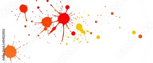 Vibrant red, orange, yellow paint splatters dynamically across pristine white background,  fresh,  texture