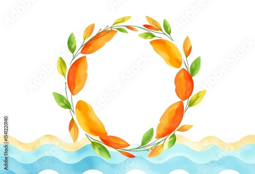 Watercolor tangerine wreath of striped waves, frame & background pattern, waves, painting
