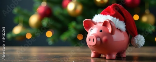 Red Santa hat piggy bank, festive Christmas tree backdrop, santa hat, christmas gift