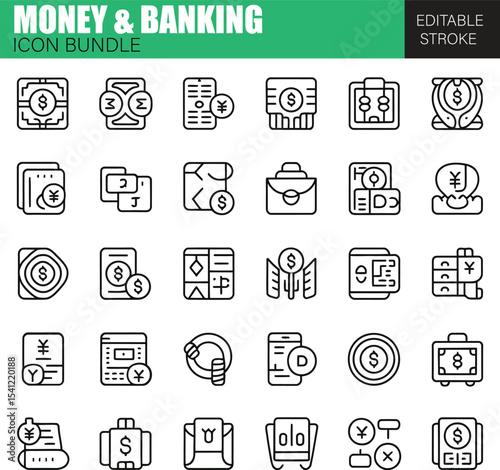 Complete Money and Banking Icon Set – Flat Vector Icons for Economy, Currency Transactions, Savings, and Online Finance
