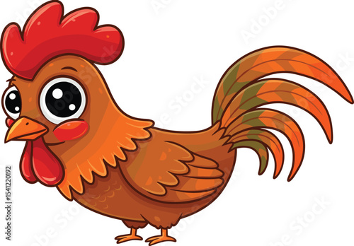 Cute cartoon rooster with big eyes, colorful feathers, farm animal clipart, isolated white background, children’s illustration, bright red comb, adorable vector chicken, funny