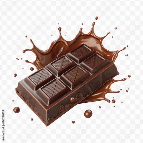 realistic 3d smooth liquid chocolate splash with chocolate bar in different style isolated on transparent background	
