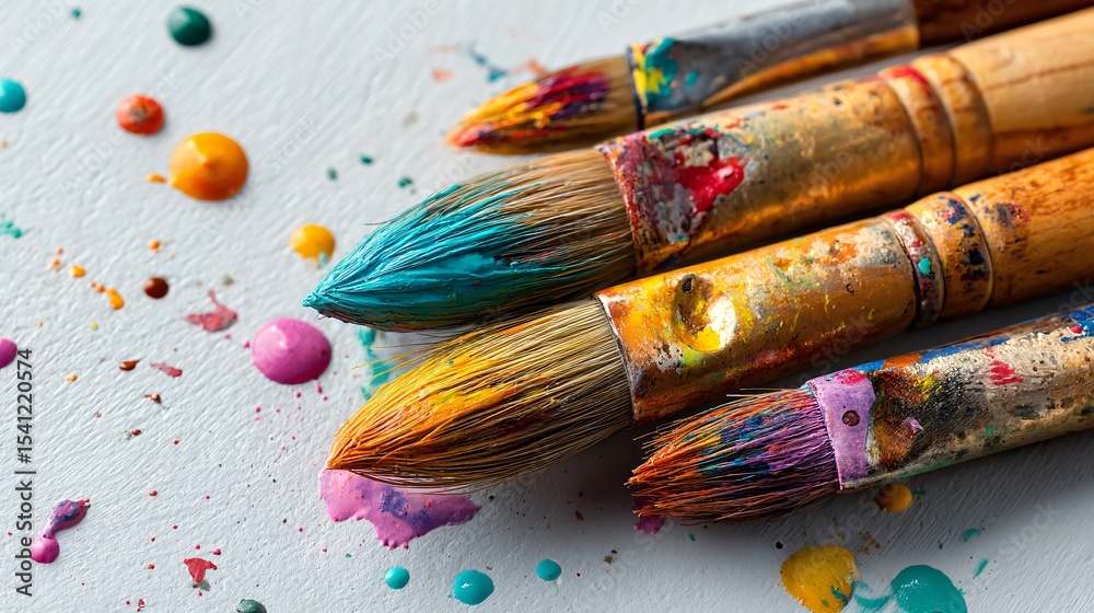 Fototapeta premium Colorful Paintbrushes with Splashes of Paint on Canvas Artistic Tools and Creative Supplies