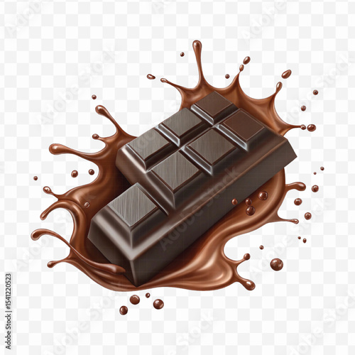 realistic 3d smooth liquid chocolate splash with chocolate bar in different style isolated on transparent background	
