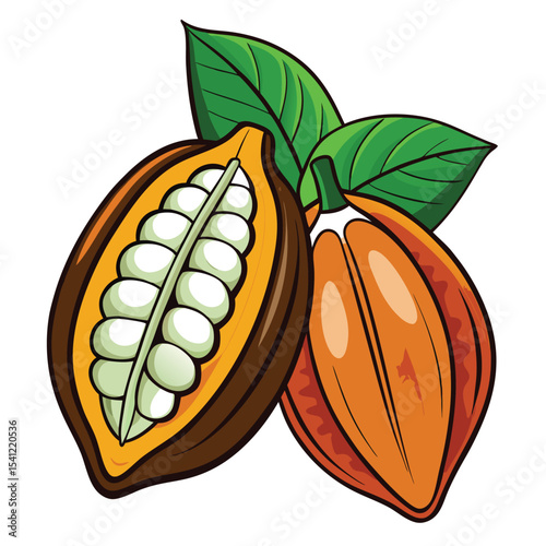 Cartoon Cacao Pods CrossSection Showing White Beans With Green Leaves Illustration