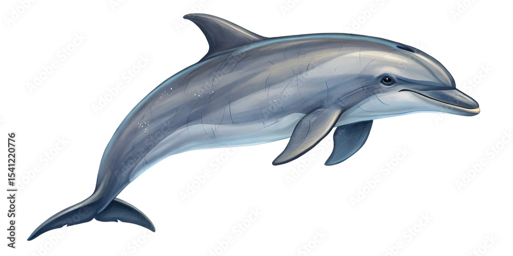 Fototapeta premium Illustration of a dolphin mid-swim with sleek body and smooth shading, isolated on white background