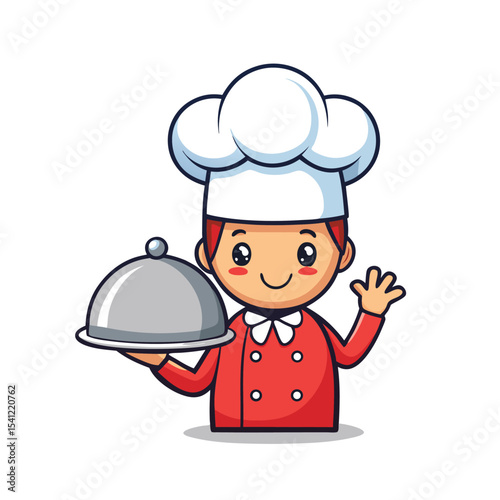 Cartoon Chef Mascot Holding Silver Platter Wearing Red Uniform and White Hat