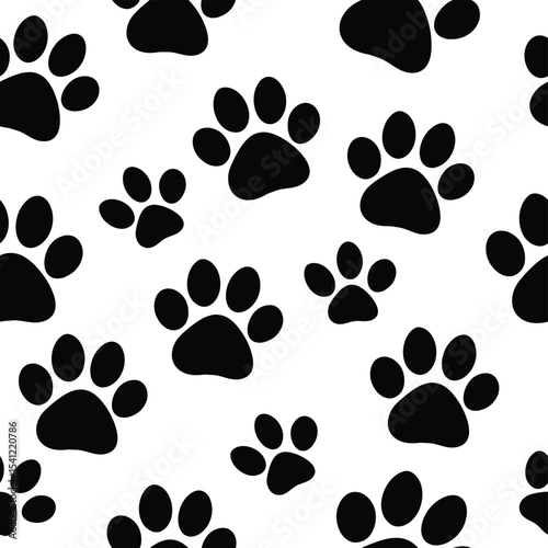 Black and white dog paw flat doodle seamless pattern, Seamless pattern of dog footprints background.