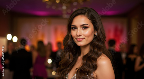 Woman with long brown wavy hair and diamond earrings at elegant evening gala. Glamorous hair styling and wave techniques for formal salon treatments and special occasion beauty services