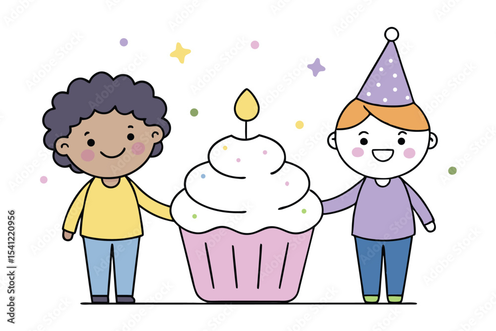Cartoon Children Celebrating with Giant Cupcake and Candle, Wearing a Party Hat, Stars Cartoon Children Celebrating with Giant Cupcake and Candle, Wearing a Party Hat, Stars