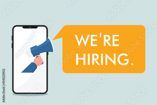 The concept of recruitment in business. Hand with megaphone on social media.