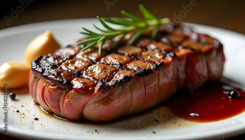 Delicious Grilled Steak with Creamy Sides and Red Wine Sauce. Close-up of a perfectly grilled steak, showcasing its rich, caramelized crust and juicy interior.