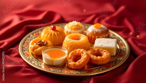 Delicious Variety of Indian Traditional Sweets on Ornate Tray. Close-up of a colorful array of traditional sweets arranged on a decorative, gold-accented platter.