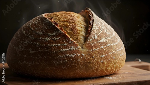 Freshly Baked Artisan Bread with Steam Rising. Close-up of a freshly baked artisan loaf of bread, still steaming.