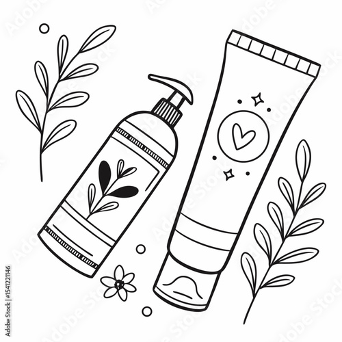 Hand drawn cosmetic bottles and leaves