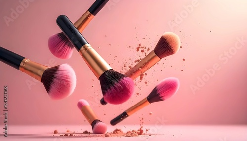 Makeup Brushes in Motion, Creating a Beautiful Artistic Display. A dynamic image showcasing several makeup brushes in mid-air, with loose powder particles creating a dramatic, ethereal effect.