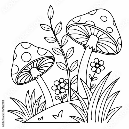 Cute mushrooms and flowers coloring page illustration