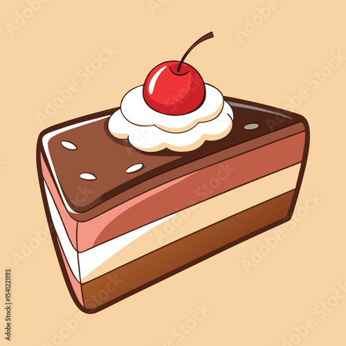 Cartoon Chocolate Cake Slice with Layers, Cream Topping, and Cherry Detail