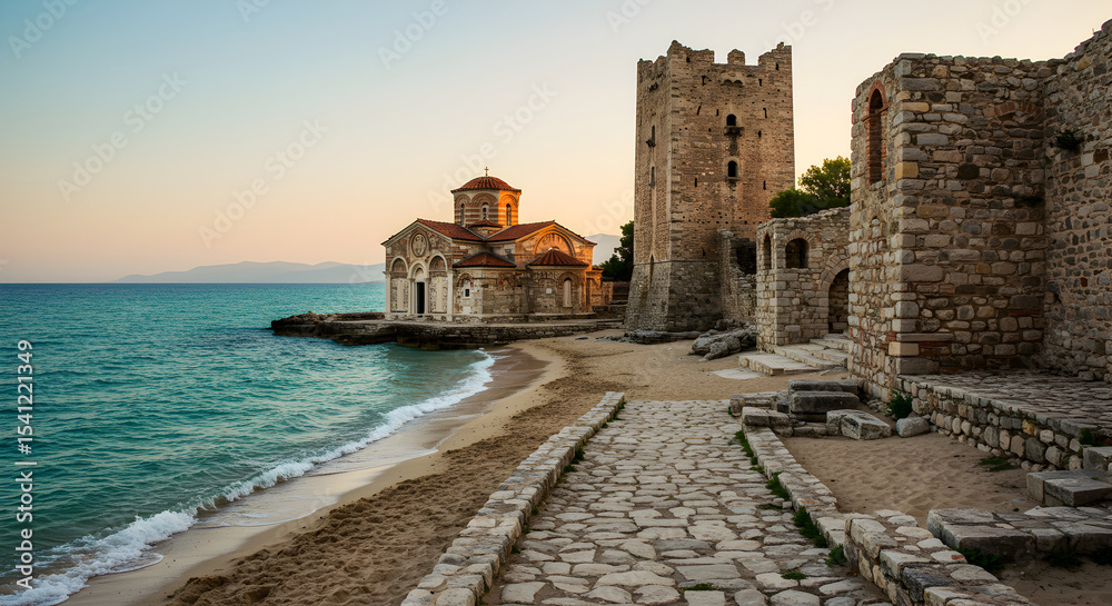 Naklejka premium Coastal view of an ancient church and tower along a sandy beach at sunset
