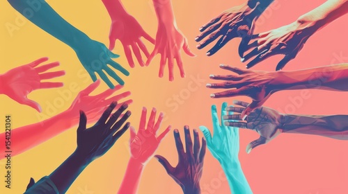 Celebrating world humanist day with unity and diversity in vibrant colors. Horizontal banner. Copy space. Free space for text. Human hands on a yellow background
