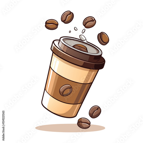 Cartoon Coffee Cup with Coffee Beans and Lid Isolated on White Background