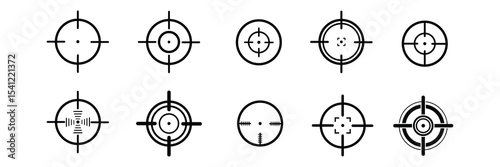 Aim or target cross symbol in circle. Illustration of weapon sign of sniper or sharpshooter. Aiming bullseye in flat design in outline style. Optical game weapon. Aim sight for hunting.