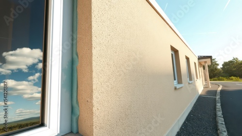 Close up view of modern building construction with window showing thermal insulation layers during daylight