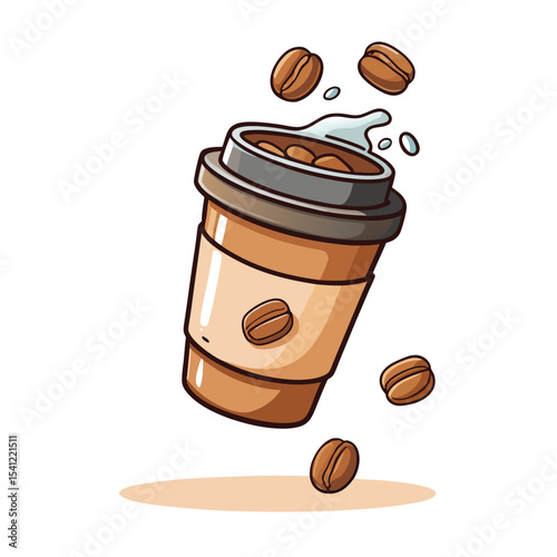 Cartoon Coffee Cup with Lid, Sleeve, and Coffee Beans Floating Around