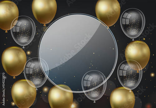  Circular glass-like frame with gold, black, and clear balloons on a black background